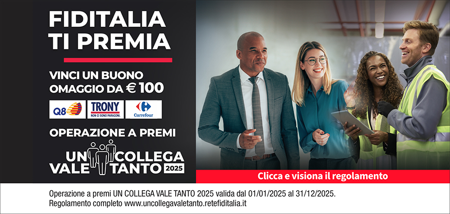 Agenzia CIKKUESSE di Bruscaglioni Francesca Fiditalia | Firenze | Fiditalia ti premia - Vinci un buono omaggio da €100. Operazione a premi. Clicca e visiona il regolamento. Operazione a premi UN COLLEGA VALE TANTO 2025 valida dal 01/01/2025 al 31/12/2025. Regolamento completo www.uncollegavaletanto.retefiditalia.it
