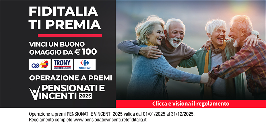 Agenzia CIKKUESSE di Bruscaglioni Francesca Fiditalia | Firenze | Fiditalia ti premia - Vicni un omaggio da €100. Operazione a premi. Clicca e visiona il regolamento. Operazione a premi PENSIONATI E VINCENTI 2025 valida dal 01/01/2025 al 31/12/2025. Regolamento completo www.pensionatievincenti.retefiditalia.it